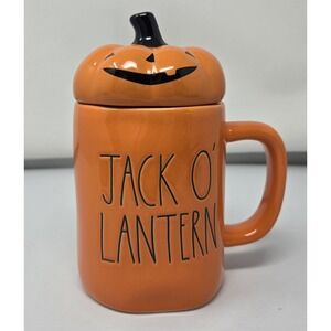 RAE DUNN Halloween "Jack O'‎ Lantern" Orange Mug W/ Pumpkin Topper Cup